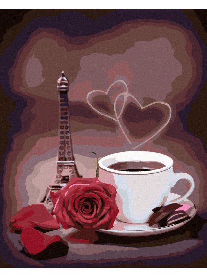 Diamantové maľovanie - KÁVA, RUŽA A MALÁ EIFFELOVA VEŽA (Rámovanie bez rámu a bez vypnutia plátna, Rozmer 40x50 cm)