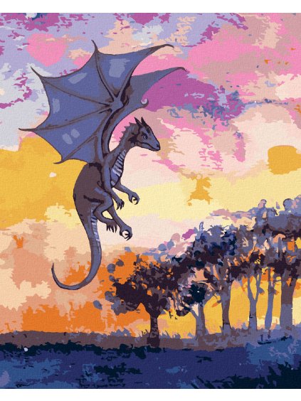 Diamantové maľovanie - FIALOVÝ DRAK A ZÁPAD SLNKA (Rámovanie bez rámu a bez vypnutia plátna, Rozmer 40x50 cm)