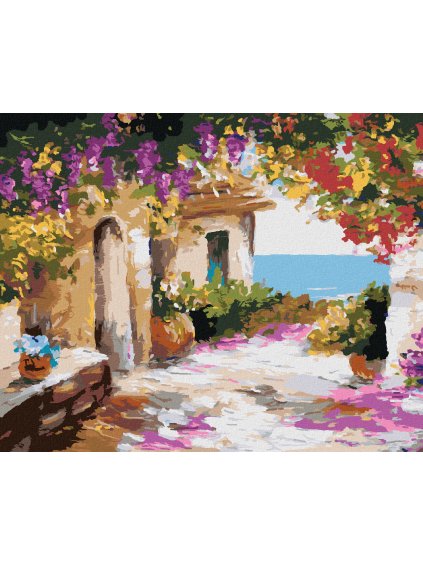 Diamantové maľovanie - DOM PRI MORI S KVETMI (Rámovanie bez rámu a bez vypnutia plátna, Rozmer 40x50 cm)