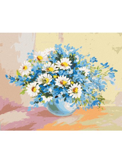 Diamantové maľovanie - HARMANČEK A MODRÉ KVETY (Rámovanie bez rámu a bez vypnutia plátna, Rozmer 40x50 cm)