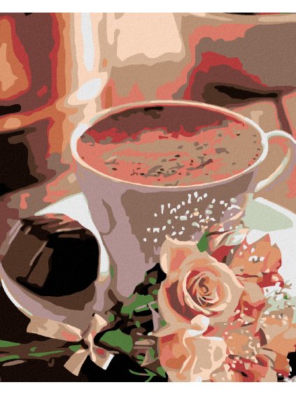 Diamantové maľovanie - HORÚCA ČOKOLÁDA A KYTIČKA RUŽÍ (Rámovanie bez rámu a bez vypnutia plátna, Rozmer 40x50 cm)