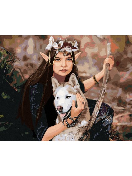 Diamantové maľovanie - ELFSKÁ PRINCEZNÁ A VLK (Rámovanie bez rámu a bez vypnutia plátna, Rozmer 40x50 cm)
