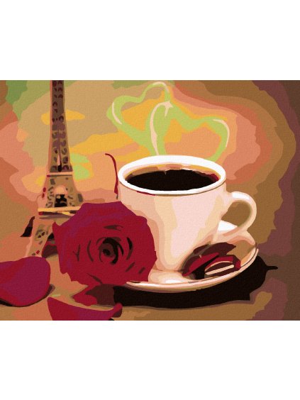 Diamantové maľovanie - BIELA ŠÁLKA KÁVY S RUŽOU A EIFFELOVKOU (Rámovanie bez rámu a bez vypnutia plátna, Rozmer 40x50 cm)