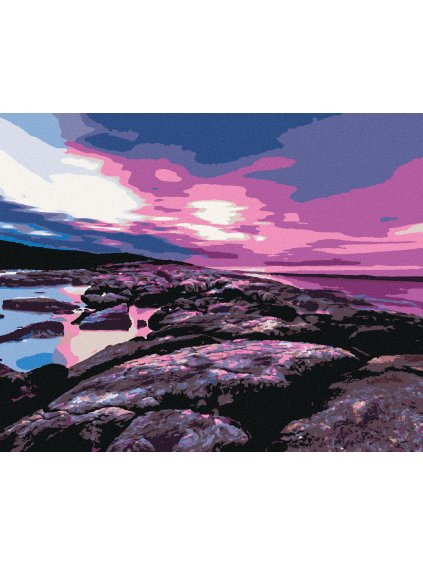 Diamantové maľovanie - ŽIARIACI ZÁPAD SLNKA NAD KAMEŇMI (Rámovanie bez rámu a bez vypnutia plátna, Rozmer 40x50 cm)
