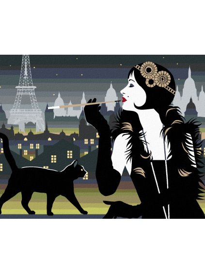 Diamantové maľovanie - ŽENA S ČIERNOU MAČKOU V PARÍŽI (Rámovanie bez rámu a bez vypnutia plátna, Rozmer 40x50 cm)
