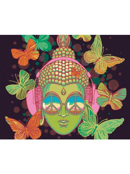 Diamantové maľovanie - ZELENÝ BUDDHA A MOTÝLE (Rámovanie bez rámu a bez vypnutia plátna, Rozmer 40x50 cm)