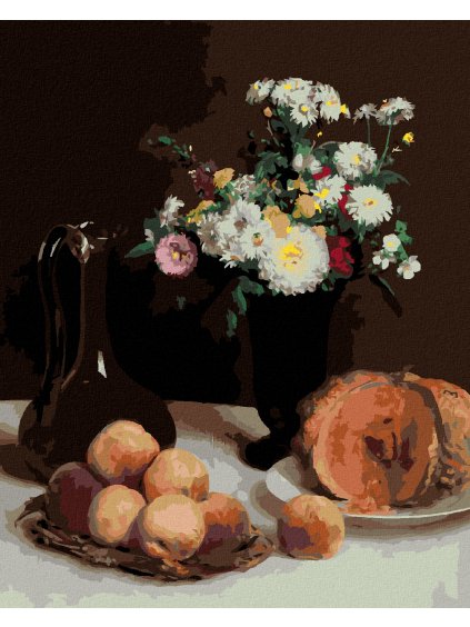 Diamantové maľovanie - ZÁTIŠIE S KARAFOU, KVETMI A OVOCÍM (HENRI FANTIN-LATOUR) (Rámovanie bez rámu a bez vypnutia plátna, Rozmer 40x50 cm)