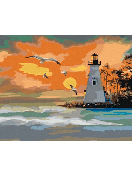 Diamantové maľovanie - ZÁPAD SLNKA A MAJÁK (Rámovanie bez rámu a bez vypnutia plátna, Rozmer 40x50 cm)