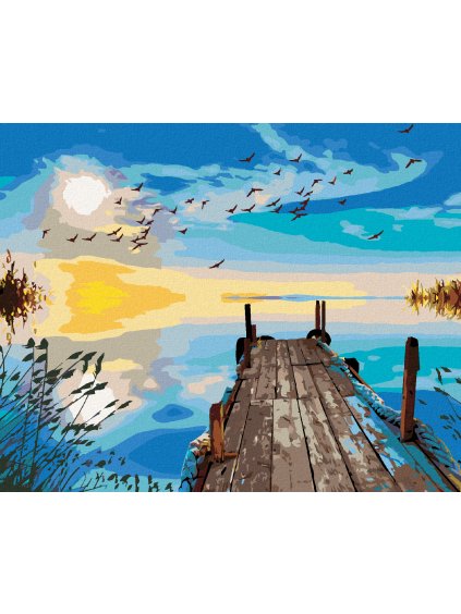 Diamantové maľovanie - RÁNO NA MÓLE PRI JAZERE (Rámovanie bez rámu a bez vypnutia plátna, Rozmer 40x50 cm)