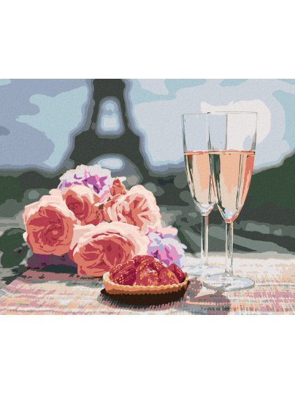 Diamantové maľovanie - POHÁRE A RUŽE V PARÍŽI A EIFFELOVA VEŽA (Rámovanie bez rámu a bez vypnutia plátna, Rozmer 40x50 cm)