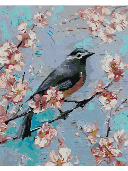 Diamantové maľovanie - VTÁČIK NA ČEREŠNI (Rámovanie bez rámu a bez vypnutia plátna, Rozmer 40x50 cm)