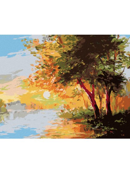 Diamantové maľovanie - RIEKA V JARNOM LESE A ZÁPAD SLNKA (Rámovanie bez rámu a bez vypnutia plátna, Rozmer 40x50 cm)