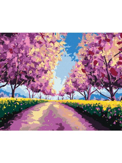 Diamantové maľovanie - SAKURY NA POĽNEJ CESTE (Rámovanie bez rámu a bez vypnutia plátna, Rozmer 40x50 cm)