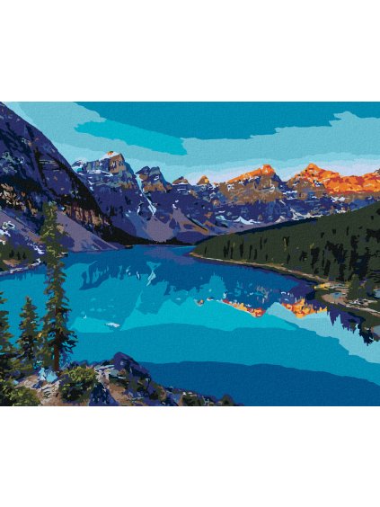 Diamantové maľovanie - MORÉNSKE JAZERO V NÁRODNOM PARKU BANFF (Rámovanie bez rámu a bez vypnutia plátna, Rozmer 40x50 cm)