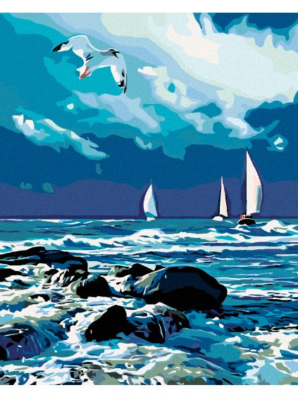 Diamantové maľovanie - PLACHETNICE NA MORI A LETIACA ČAJKA (Rámovanie bez rámu a bez vypnutia plátna, Rozmer 40x50 cm)