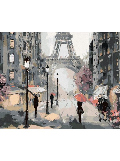 Diamantové maľovanie - PARÍŽ A ĽUDIA S RUŽOVÝMI DÁŽDNIKMI (Rámovanie bez rámu a bez vypnutia plátna, Rozmer 40x50 cm)