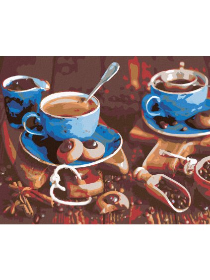 Diamantové maľovanie - MODRÉ ŠÁLKY KÁVY I. (Rámovanie bez rámu a bez vypnutia plátna, Rozmer 40x50 cm)