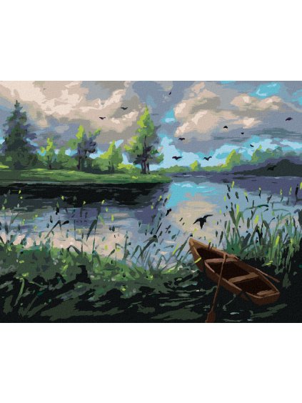 Diamantové maľovanie - LESNÁ KRAJINA S LOĎKOU (Rámovanie bez rámu a bez vypnutia plátna, Rozmer 40x50 cm)