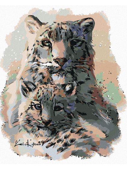 Diamantové maľovanie - LEOPARD SNĚŽNÝ S MLÁĎATKOM (Rámovanie bez rámu a bez vypnutia plátna, Rozmer 40x50 cm)