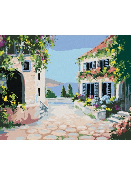 Diamantové maľovanie - KVETINOVÝ DOM PRI MORI (Rámovanie bez rámu a bez vypnutia plátna, Rozmer 40x50 cm)