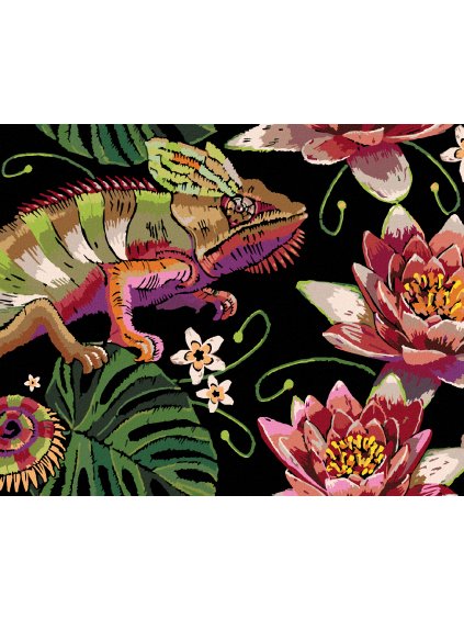 Diamantové maľovanie - CHAMELEÓN MEDZI LEKNAMI (Rámovanie bez rámu a bez vypnutia plátna, Rozmer 40x50 cm)