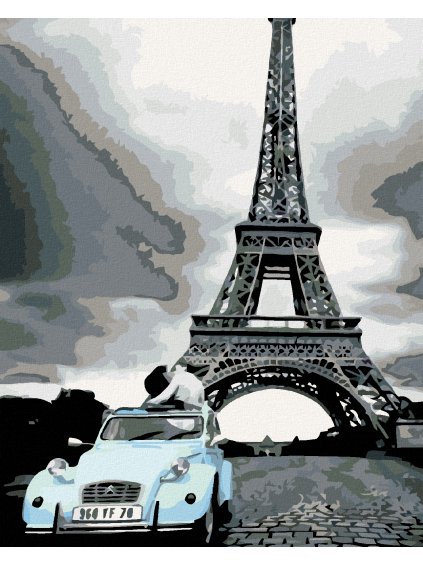 Diamantové maľovanie - EIFFELOVKA S MODRÝM AUTOM (Rámovanie bez rámu a bez vypnutia plátna, Rozmer 40x50 cm)