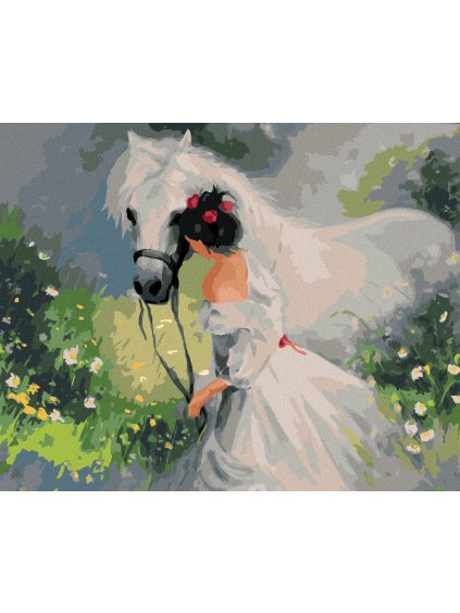 Diamantové maľovanie - DIEVČA V BIELÝCH ŠATÁCH A KÔŇ (Rámovanie bez rámu a bez vypnutia plátna, Rozmer 40x50 cm)