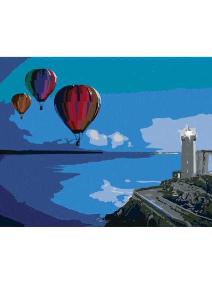Diamantové maľovanie - HOROVZDUŠNÉ BALÓNY PRI MAJÁKU (Rámovanie bez rámu a bez vypnutia plátna, Rozmer 40x50 cm)