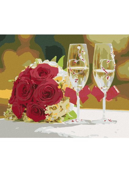 Diamantové maľovanie - DVA POHÁRE A RUŽA (Rámovanie bez rámu a bez vypnutia plátna, Rozmer 40x50 cm)
