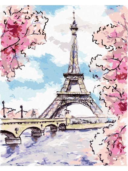Diamantové maľovanie - EIFFELOVA VEŽA A RUŽOVO KVITNÚCE STROMY (Rámovanie bez rámu a bez vypnutia plátna, Rozmer 40x50 cm)