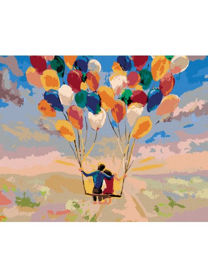 Diamantové maľovanie - LETIACI PÁR S BALÓNIKMI (Rámovanie bez rámu a bez vypnutia plátna, Rozmer 40x50 cm)