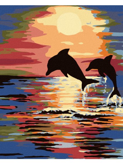 Diamantové maľovanie - DELFÍNY A ZÁPAD SLNKA (Rámovanie bez rámu a bez vypnutia plátna, Rozmer 40x50 cm)