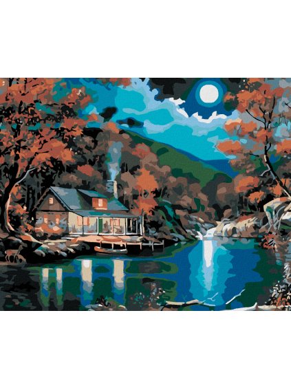 Diamantové maľovanie - CHATKA PRI JAZERE (Rámovanie bez rámu a bez vypnutia plátna, Rozmer 40x50 cm)