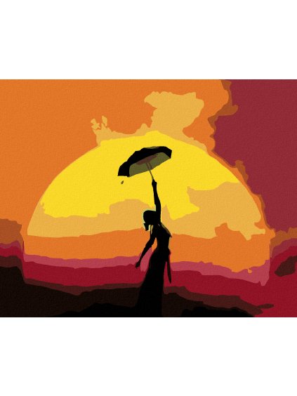 Diamantové maľovanie - ŽENA S DÁŽDNIKOM A ZÁPAD SLNKA (Rámovanie bez rámu a bez vypnutia plátna, Rozmer 40x50 cm)
