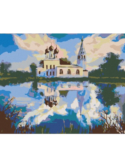 Diamantové maľovanie - KOSTOLNÍK PRI RYBNÍKU (Rámovanie bez rámu a bez vypnutia plátna, Rozmer 40x50 cm)