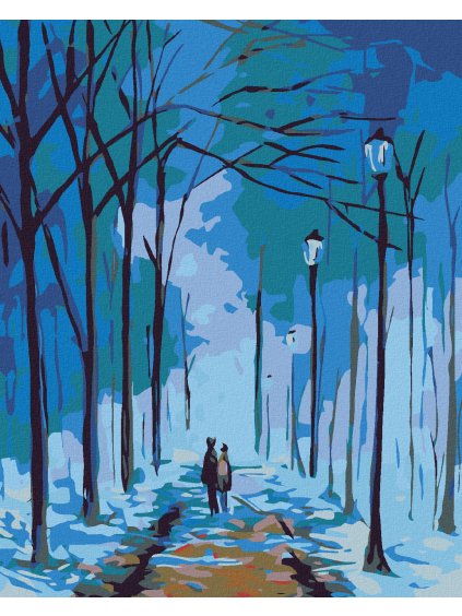 Diamantové maľovanie - ZIMNÁ PRECHÁDZKA POD LAMPAMI (Rámovanie bez rámu a bez vypnutia plátna, Rozmer 40x50 cm)