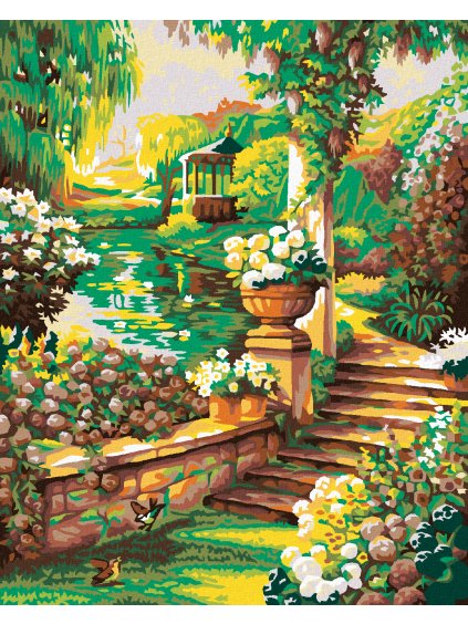 Diamantové maľovanie - KRÁSNA KVETINOVÁ ZÁHRADA S ALTÁNKOM (Rámovanie bez rámu a bez vypnutia plátna, Rozmer 40x50 cm)