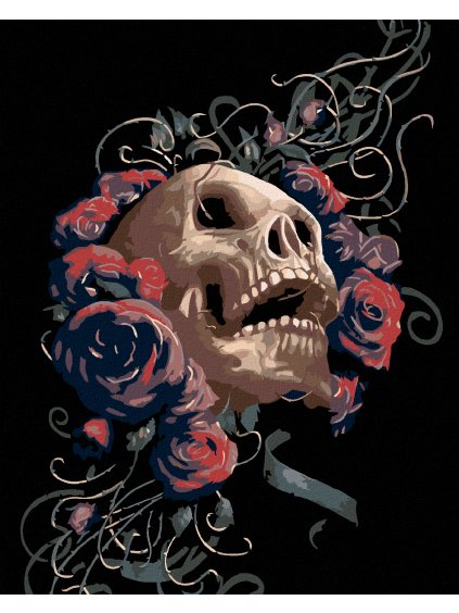 Diamantové maľovanie - LEBKA OVINUTÁ RUŽAMI (Rámovanie bez rámu a bez vypnutia plátna, Rozmer 40x50 cm)