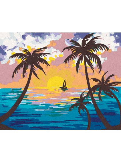 Diamantové maľovanie - ZÁPAD SLNKA ZA PALMAMI (Rámovanie bez rámu a bez vypnutia plátna, Rozmer 40x50 cm)