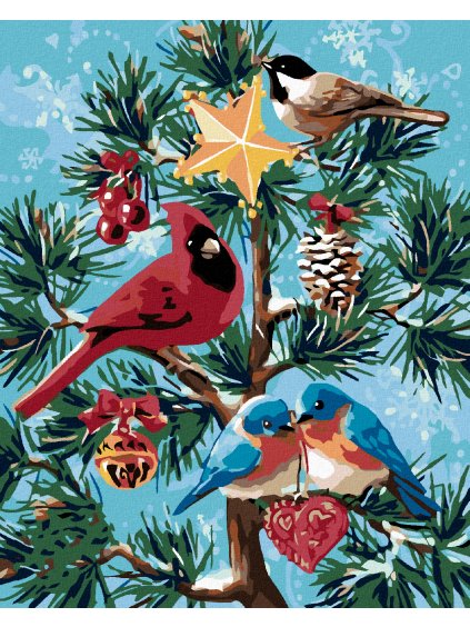 Diamantové maľovanie - VTÁČIKY A VIANOČNÝ STROMČEK (Rámovanie bez rámu a bez vypnutia plátna, Rozmer 40x50 cm)