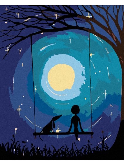 Diamantové maľovanie - NA HOJDAČKE POD MESIACOM (Rámovanie bez rámu a bez vypnutia plátna, Rozmer 40x50 cm)