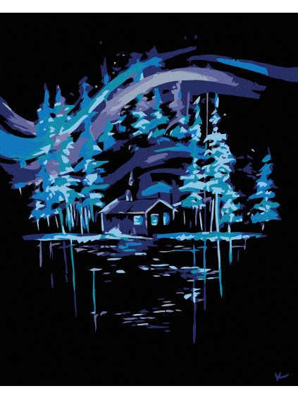 Diamantové maľovanie - POLÁRNA ŽIARA NAD CHALÚPKOU (Rámovanie bez rámu a bez vypnutia plátna, Rozmer 40x50 cm)