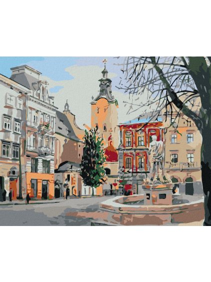 Diamantové maľovanie - FONTÁNA NA NÁMESTÍ (Rámovanie bez rámu a bez vypnutia plátna, Rozmer 40x50 cm)