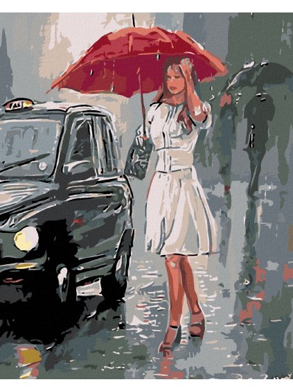 Diamantové maľovanie - ŽENA PRI AUTE V DAŽDI (Rámovanie bez rámu a bez vypnutia plátna, Rozmer 40x50 cm)