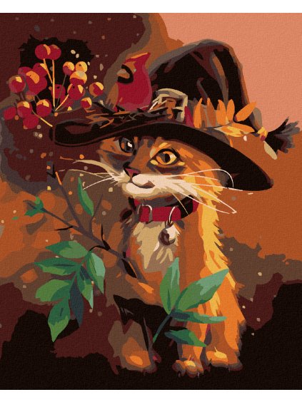 Diamantové maľovanie - KOCÚRIK V KLOBÚKU A JARABINA (Rámovanie bez rámu a bez vypnutia plátna, Rozmer 40x50 cm)