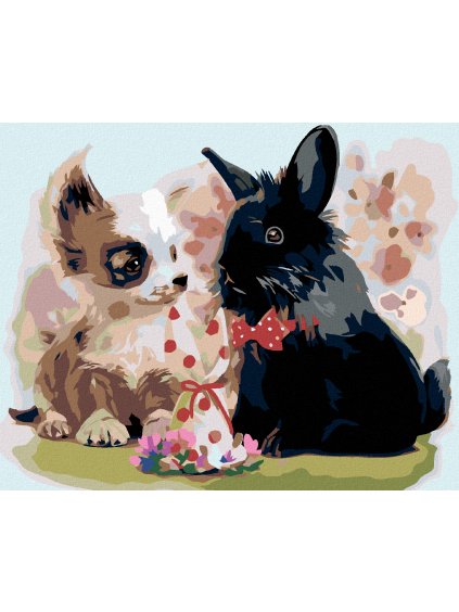 Diamantové maľovanie - ŠTENIATKO S ČERVENÝM KRÁLIKOM (Rámovanie bez rámu a bez vypnutia plátna, Rozmer 40x50 cm)