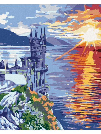 Diamantové maľovanie - ZÁMOK NA SKALE A VÝCHOD SLNKA (Rámovanie bez rámu a bez vypnutia plátna, Rozmer 40x50 cm)