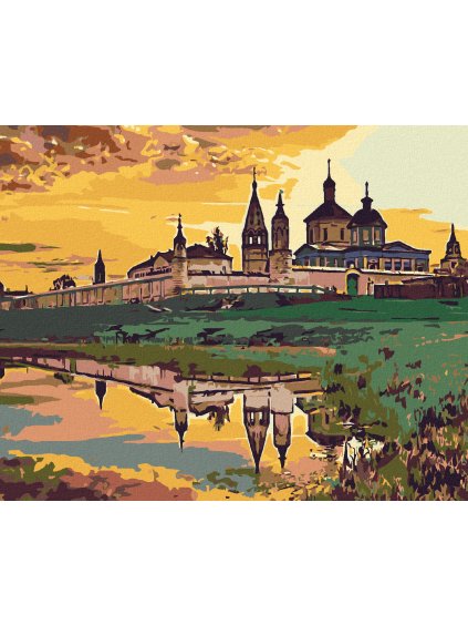 Diamantové maľovanie - ZÁMOK PRI VODE A ZÁPAD SLNKA (Rámovanie bez rámu a bez vypnutia plátna, Rozmer 40x50 cm)