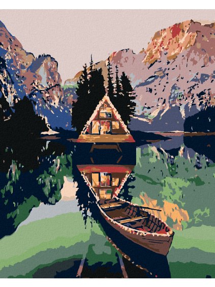 Diamantové maľovanie - PRAMICA PRI CHATE NA JAZERE V HORÁCH (Rámovanie bez rámu a bez vypnutia plátna, Rozmer 40x50 cm)