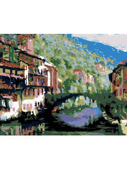 Diamantové maľovanie - RIEKA MEDZI DOMAMI A OBRASTENÝ MOSTÍK (Rámovanie bez rámu a bez vypnutia plátna, Rozmer 40x50 cm)